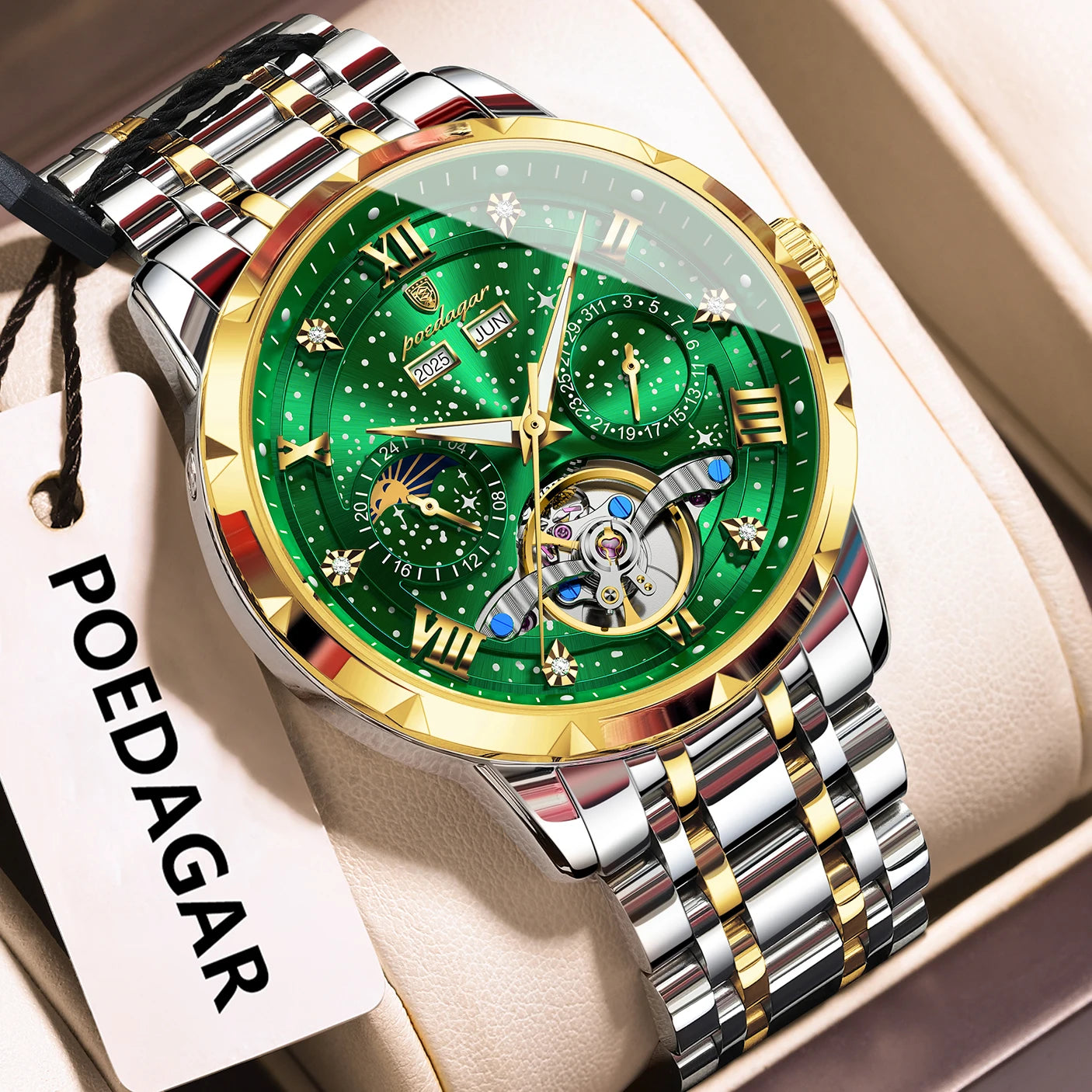 POEDAGAR Luxury Men Wristwatch Fashion Date Hollow Tourbillon Man Clock Automatic Mechanical Stainless Steel Men's Watches Reloj