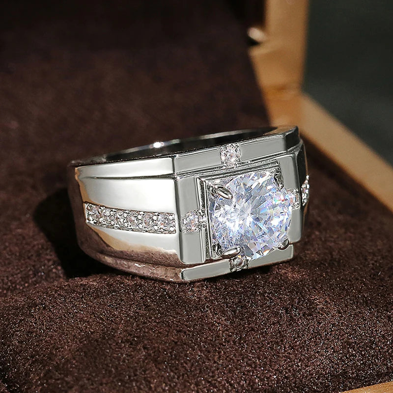 Huitan Luxury Silver Color Round Cubic Zircon Ring for Men..