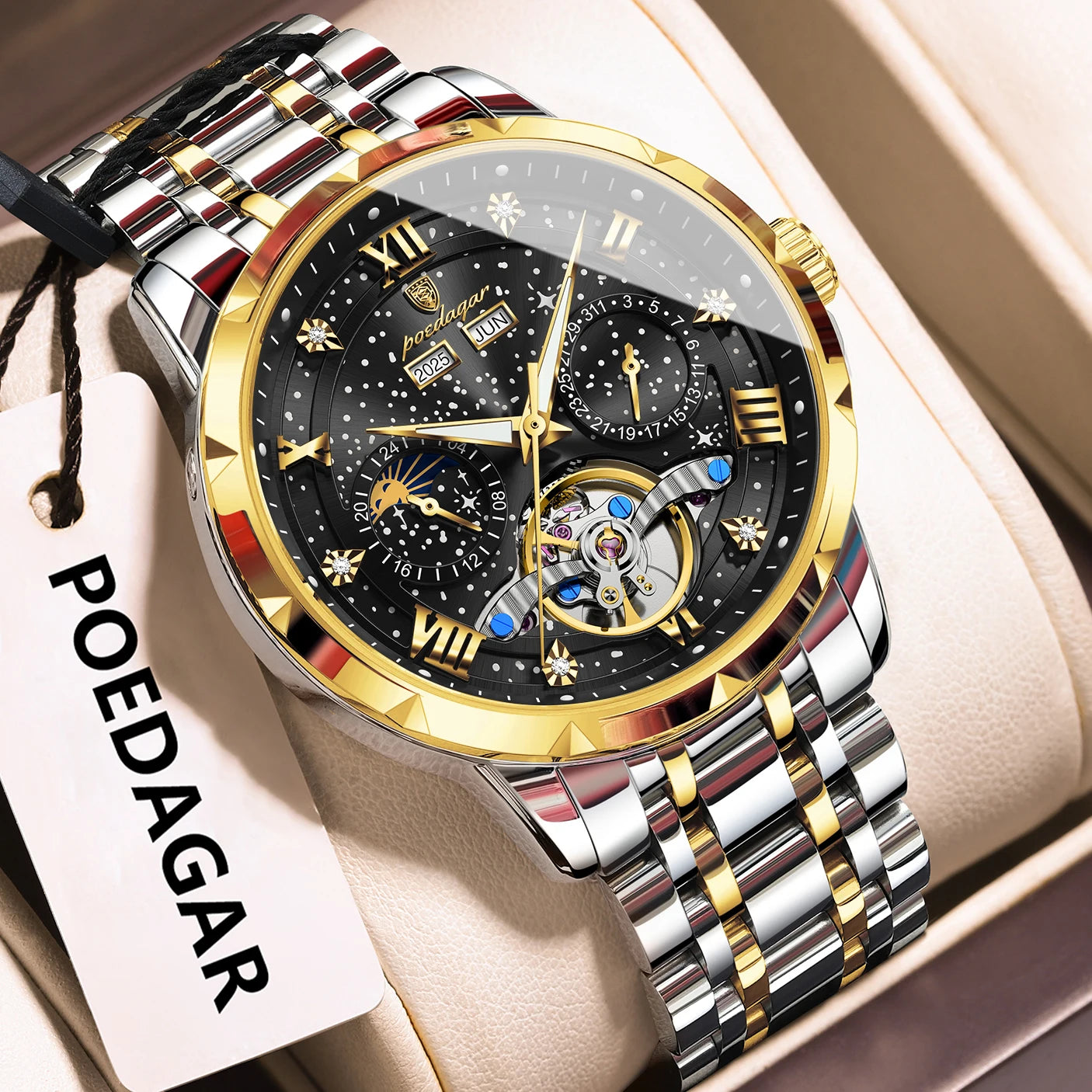 POEDAGAR Luxury Men Wristwatch Fashion Date Hollow Tourbillon Man Clock Automatic Mechanical Stainless Steel Men's Watches Reloj