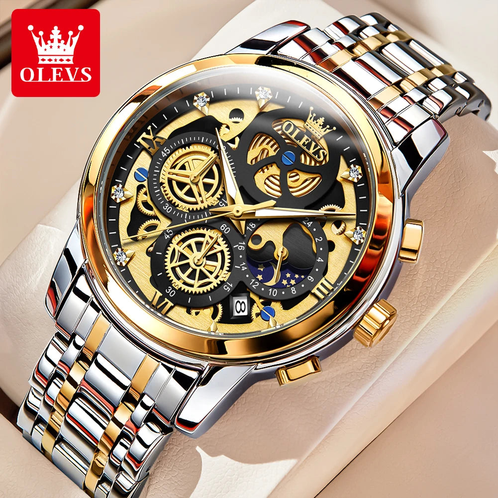 OLEVS Men's Watches Top Brand Luxury Original Waterproof Quartz Watch for Man Gold Skeleton Style 24 Hour Day Night New