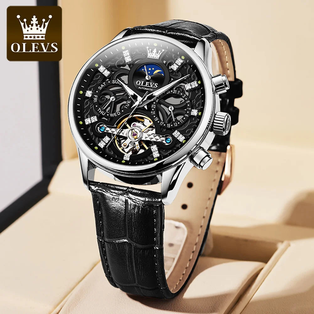 OLEVS 6658 Mens Watch Original Skeleton Multifunctional Chronograph Mechanical Watch Leather Strap Watches For Man Gifts Reloj