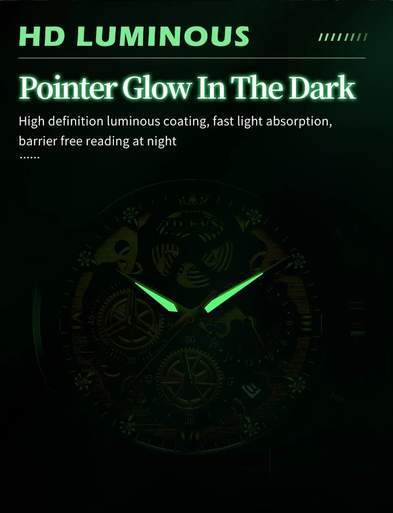 OLEVS Men's Watches Top Brand Luxury Original Waterproof Quartz Watch for Man Gold Skeleton Style 24 Hour Day Night New