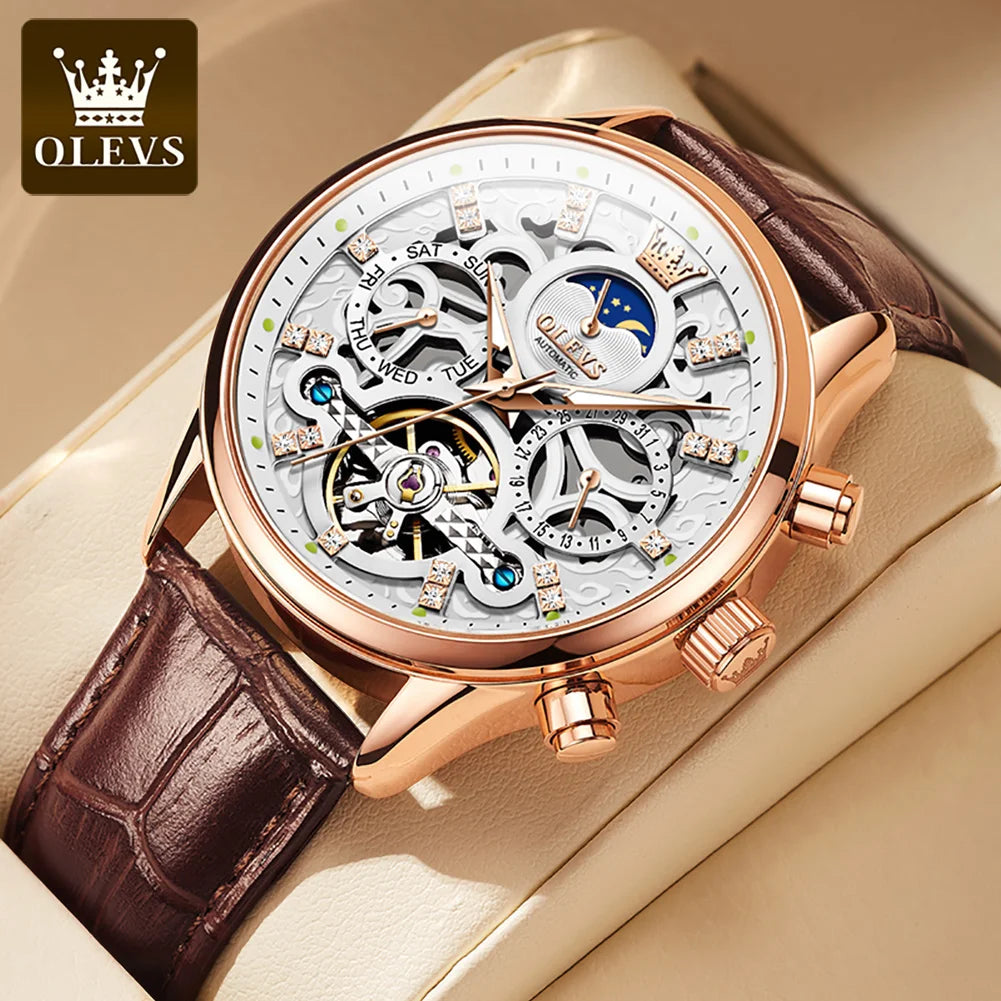 OLEVS 6658 Mens Watch Original Skeleton Multifunctional Chronograph Mechanical Watch Leather Strap Watches For Man Gifts Reloj