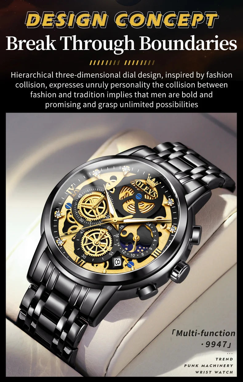 OLEVS Men's Watches Top Brand Luxury Original Waterproof Quartz Watch for Man Gold Skeleton Style 24 Hour Day Night New