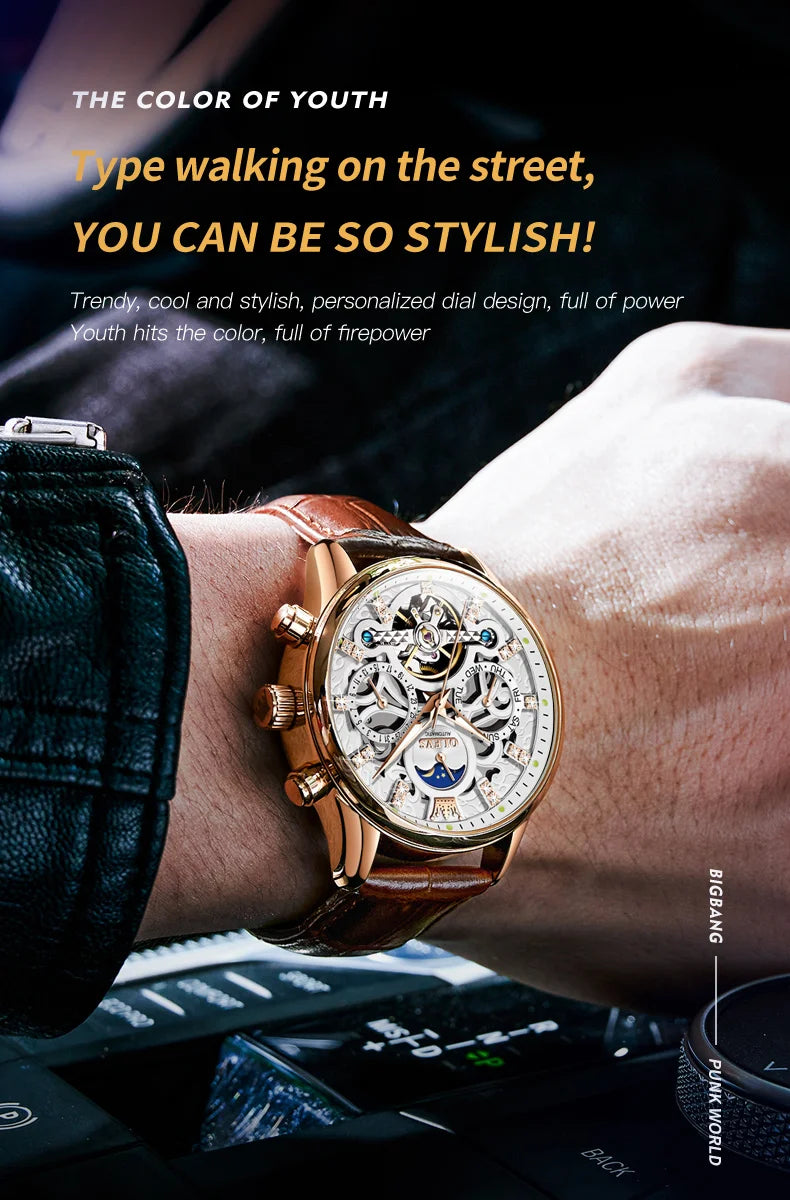 OLEVS 6658 Mens Watch Original Skeleton Multifunctional Chronograph Mechanical Watch Leather Strap Watches For Man Gifts Reloj