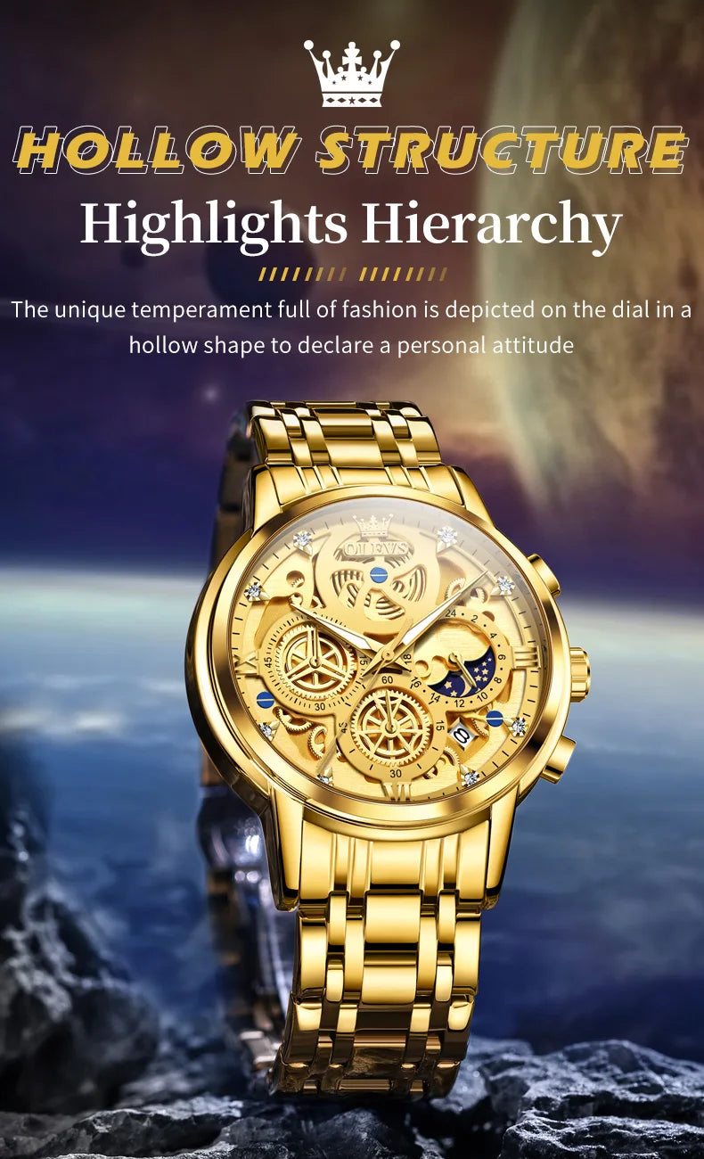 OLEVS Men's Watches Top Brand Luxury Original Waterproof Quartz Watch for Man Gold Skeleton Style 24 Hour Day Night New