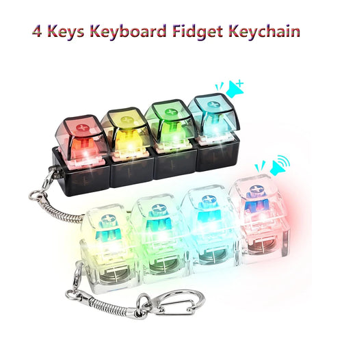 4 Keys Keyboard Fidget Toy Keychain Stress Relief Clicker Fidget Keyboard with LED, Squeeze Toy Crystal Transparent Bag Charm