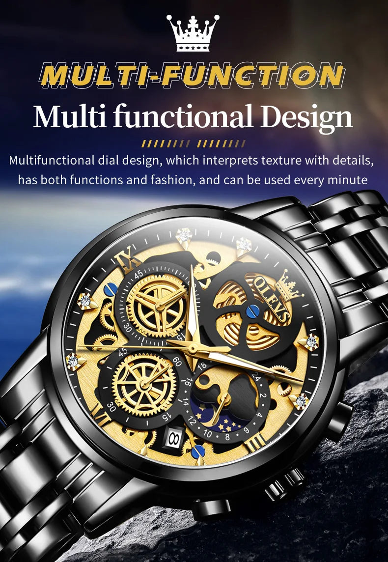 OLEVS Men's Watches Top Brand Luxury Original Waterproof Quartz Watch for Man Gold Skeleton Style 24 Hour Day Night New