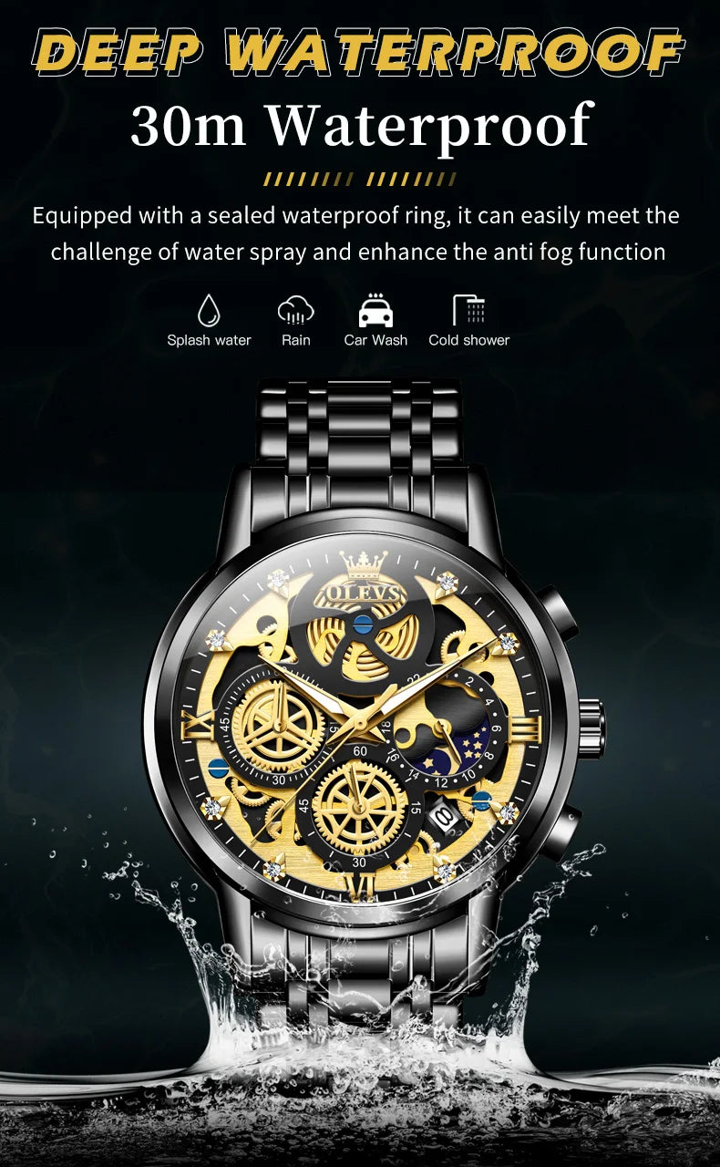 OLEVS Men's Watches Top Brand Luxury Original Waterproof Quartz Watch for Man Gold Skeleton Style 24 Hour Day Night New