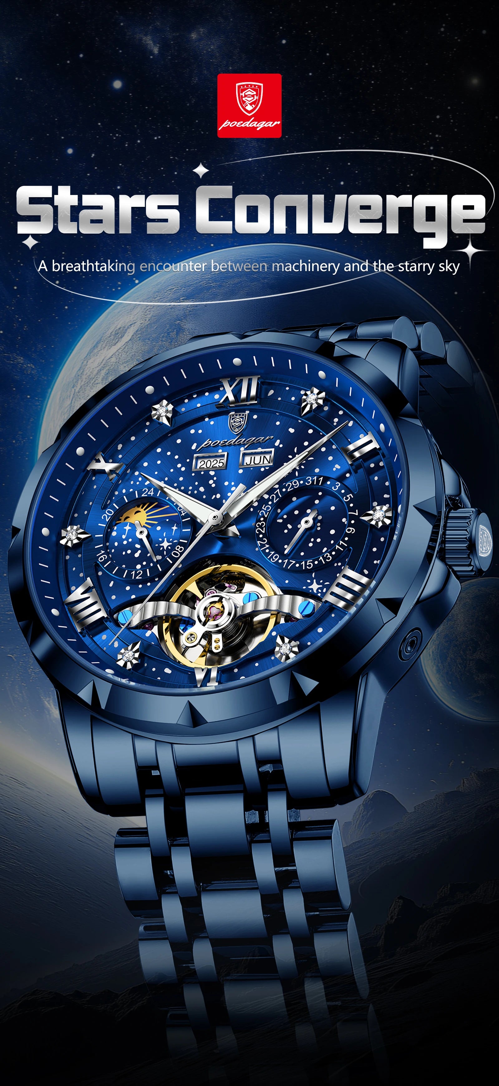 POEDAGAR Luxury Men Wristwatch Fashion Date Hollow Tourbillon Man Clock Automatic Mechanical Stainless Steel Men's Watches Reloj