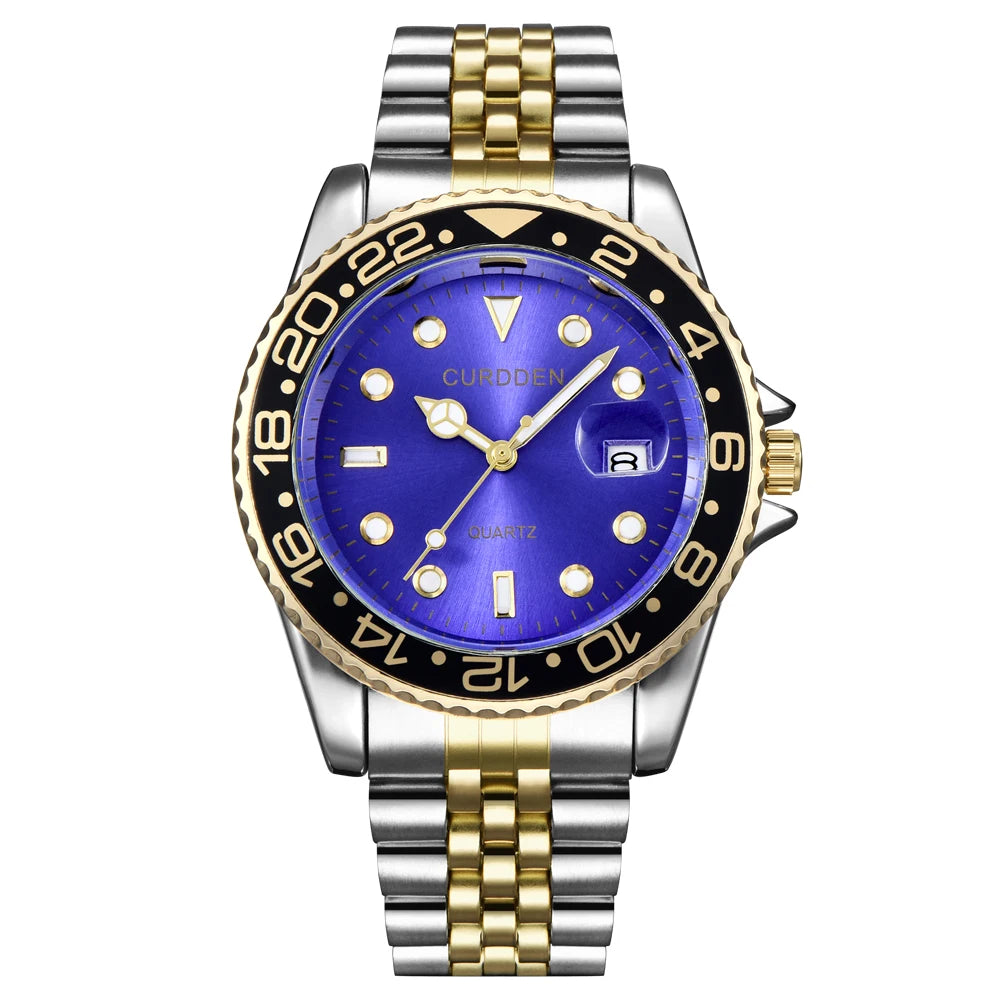 CURDDEN Brand Watches For Men Full Stainless Steel With Golden Date Quartz.