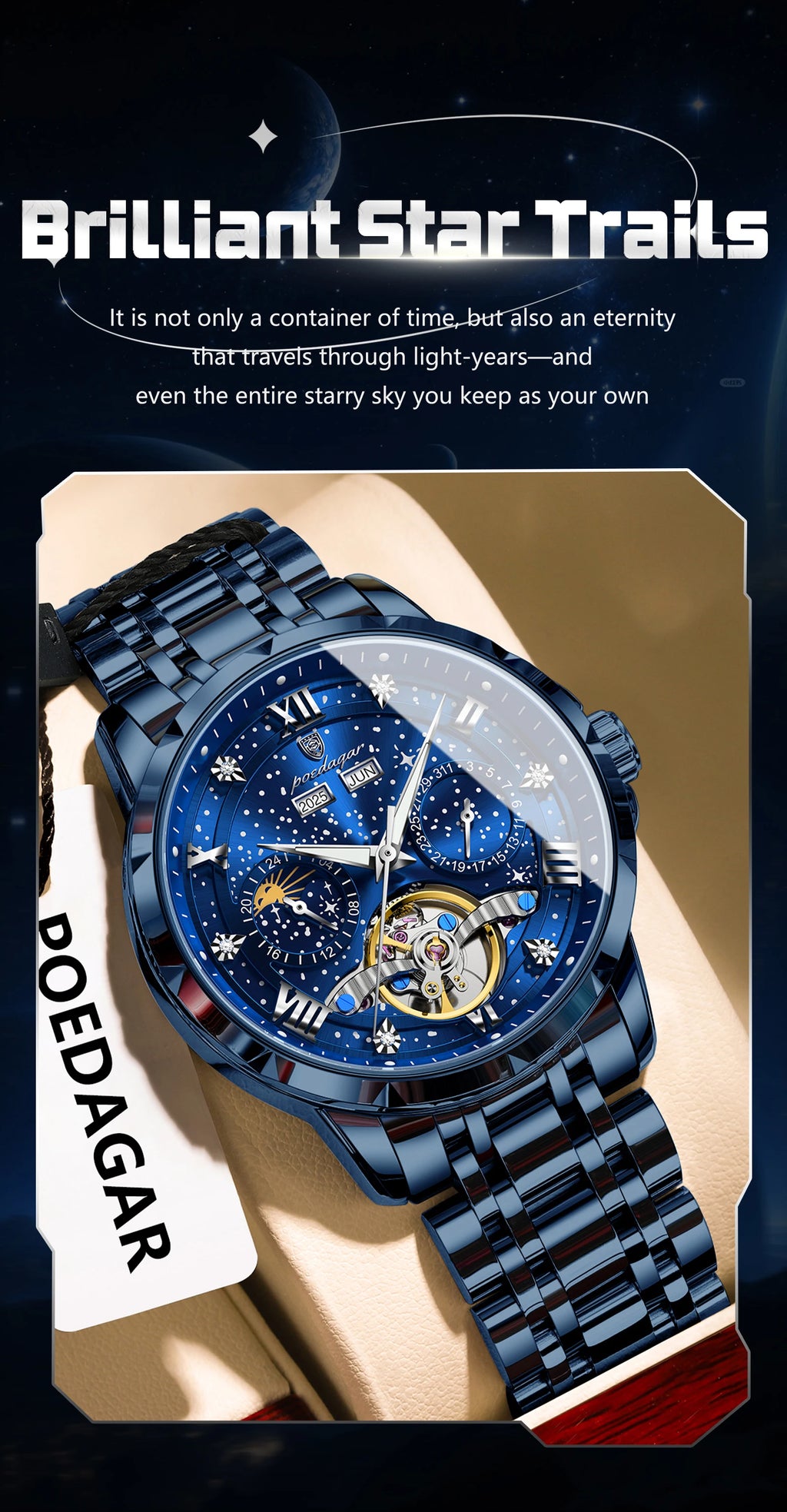 POEDAGAR Luxury Men Wristwatch Fashion Date Hollow Tourbillon Man Clock Automatic Mechanical Stainless Steel Men's Watches Reloj