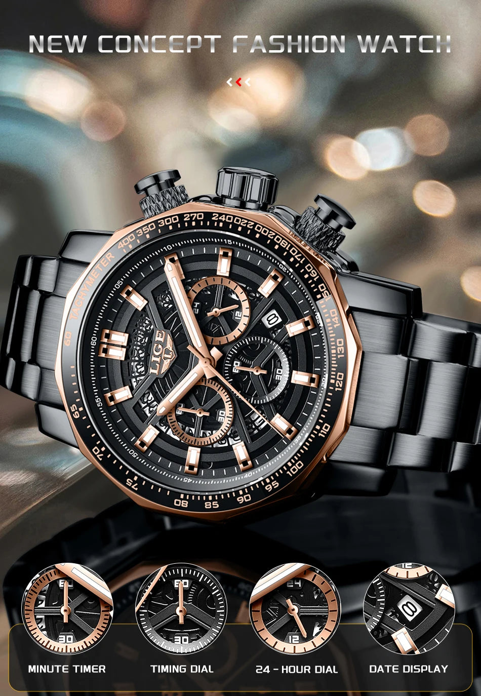 LIGE New Sport Chronograph Mens Watches Top Brand Luxury Full Steel Quartz Clock Waterproof Big Dial Watch Men Montre Homme