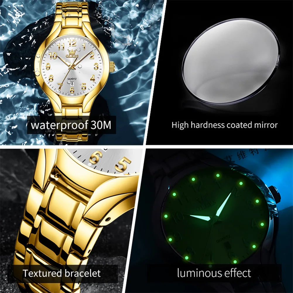 OLEVS 3650 Gold Watches for Men Classic Large Digital Dial Auto Date Waterproof Luminous Original Men's Quartz Wristwatch New