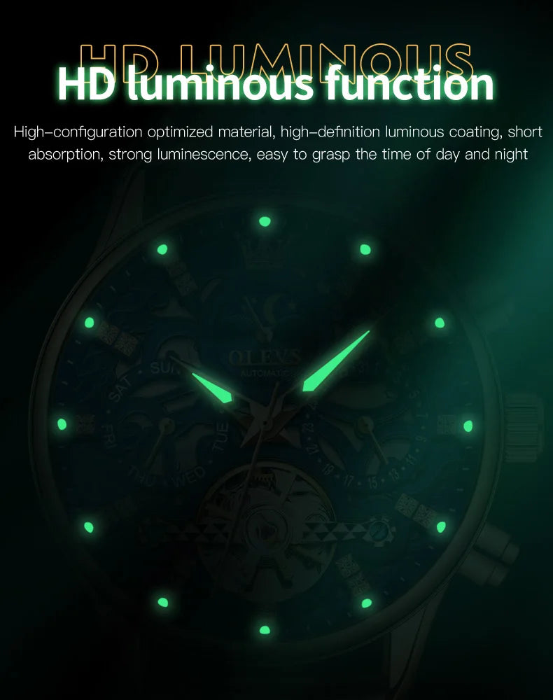 OLEVS 6658 Mens Watch Original Skeleton Multifunctional Chronograph Mechanical Watch Leather Strap Watches For Man Gifts Reloj