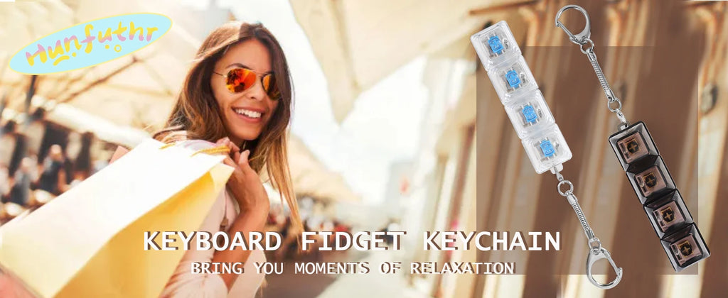 4 Keys Keyboard Fidget Toy Keychain Stress Relief Clicker Fidget Keyboard with LED, Squeeze Toy Crystal Transparent Bag Charm