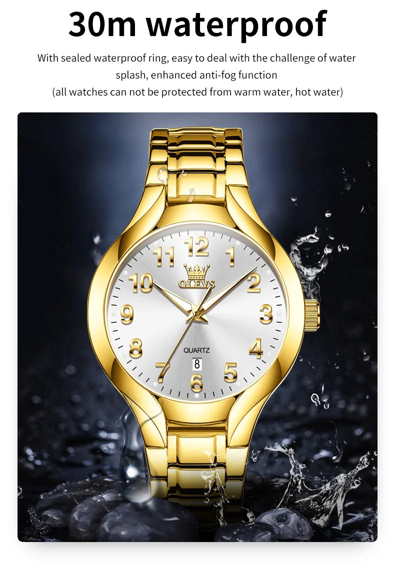 OLEVS 3650 Gold Watches for Men Classic Large Digital Dial Auto Date Waterproof Luminous Original Men's Quartz Wristwatch New