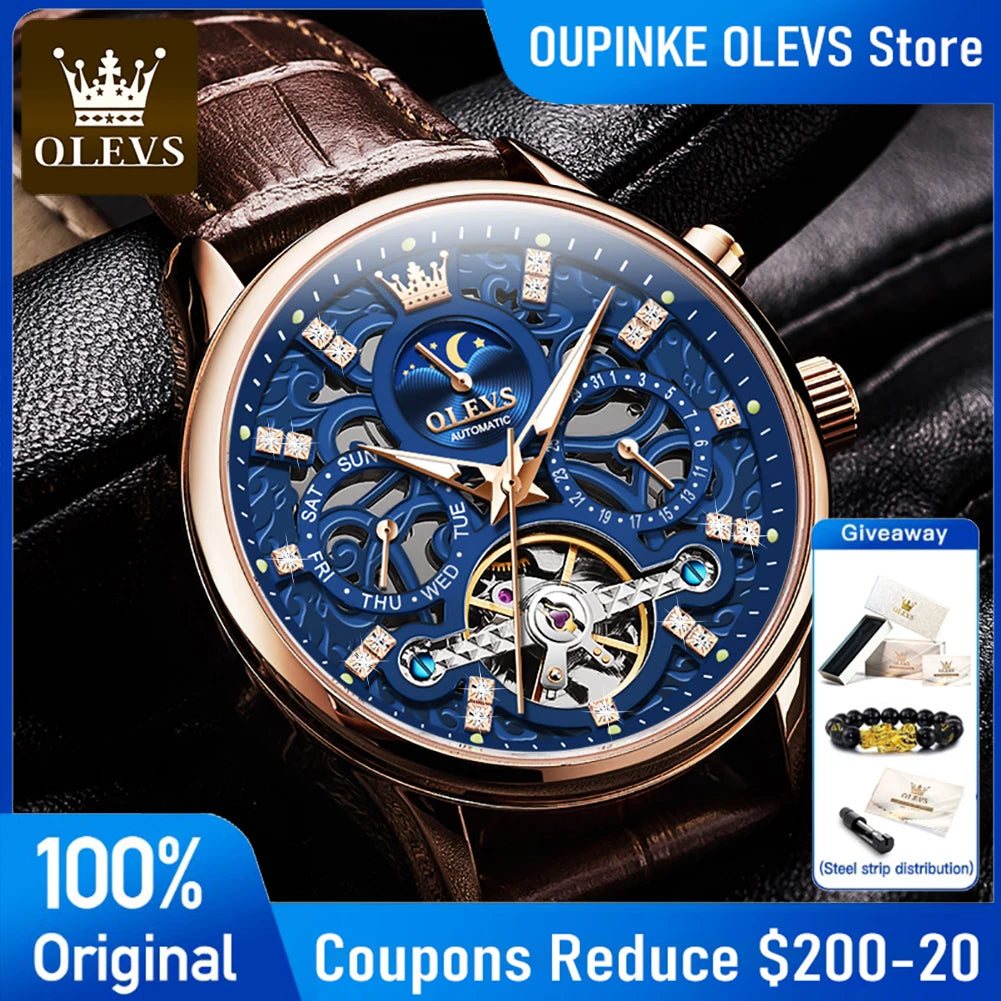 OLEVS 6658 Mens Watch Original Skeleton Multifunctional Chronograph Mechanical Watch Leather Strap Watches For Man Gifts Reloj