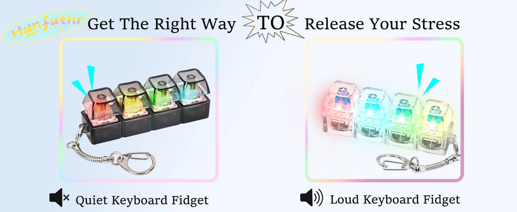4 Keys Keyboard Fidget Toy Keychain Stress Relief Clicker Fidget Keyboard with LED, Squeeze Toy Crystal Transparent Bag Charm