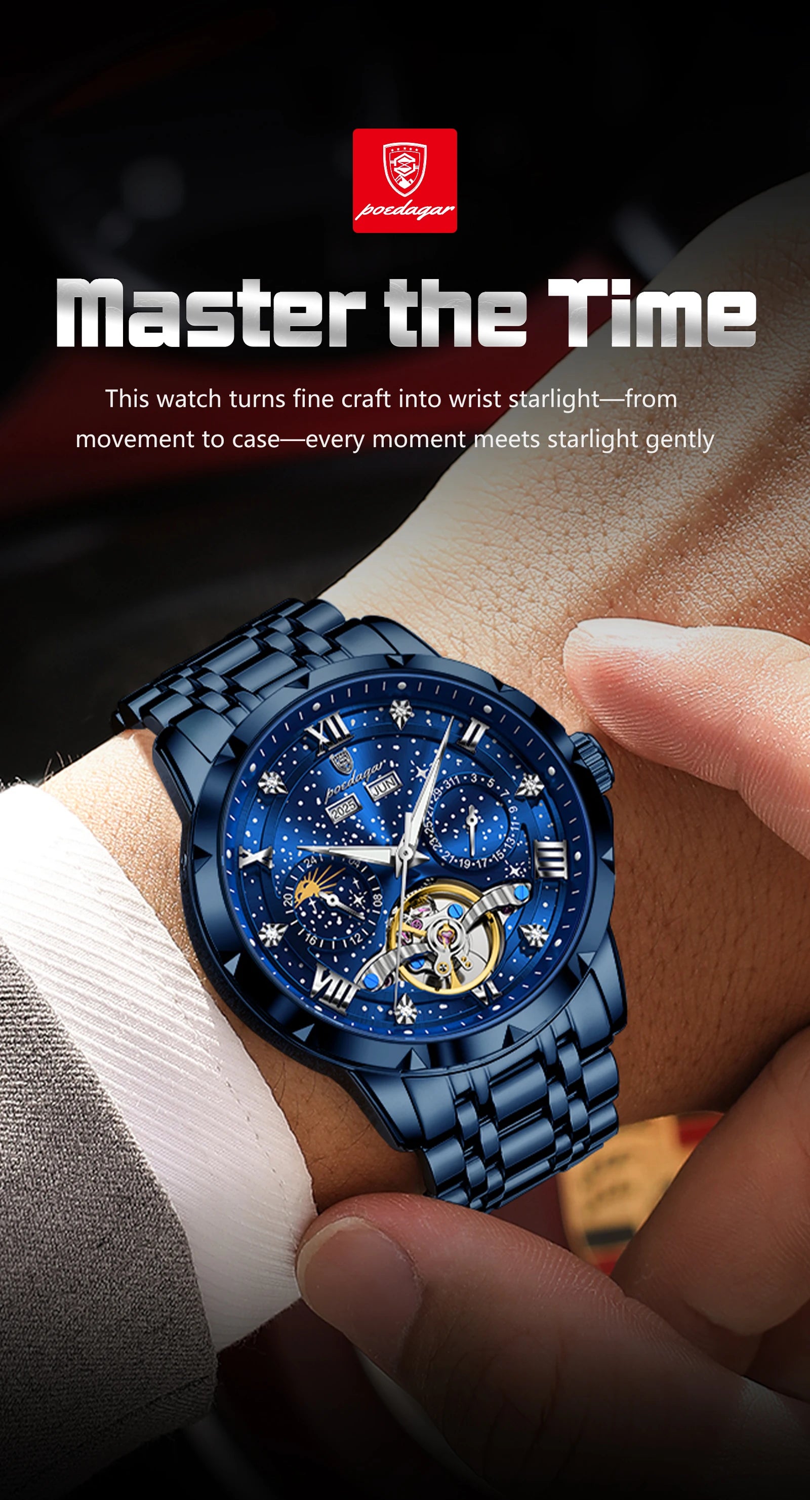 POEDAGAR Luxury Men Wristwatch Fashion Date Hollow Tourbillon Man Clock Automatic Mechanical Stainless Steel Men's Watches Reloj