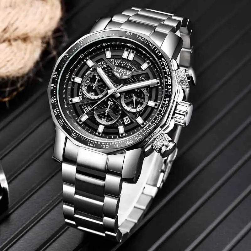 LIGE New Sport Chronograph Mens Watches Top Brand Luxury Full Steel Quartz Clock Waterproof Big Dial Watch Men Montre Homme