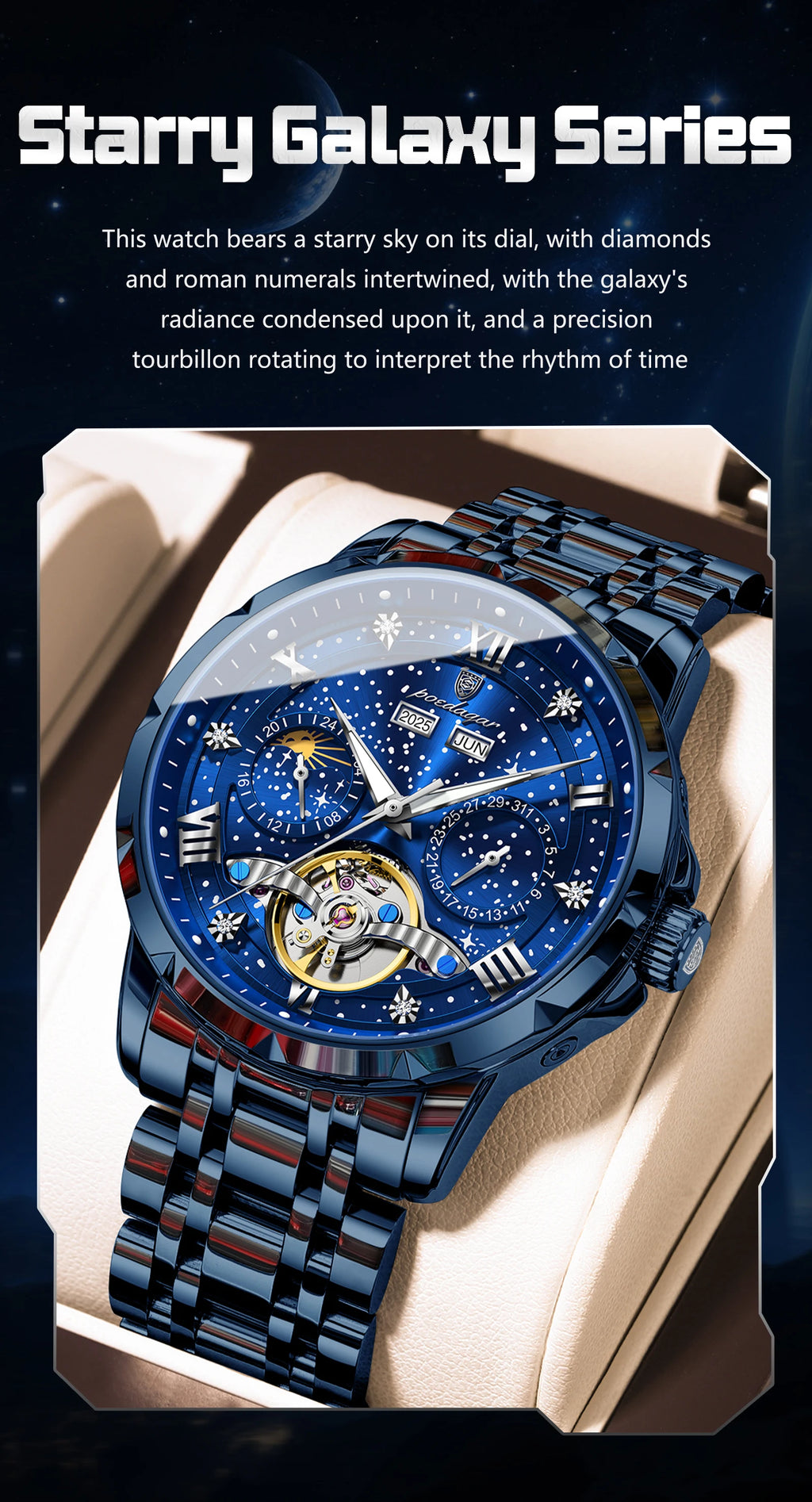 POEDAGAR Luxury Men Wristwatch Fashion Date Hollow Tourbillon Man Clock Automatic Mechanical Stainless Steel Men's Watches Reloj