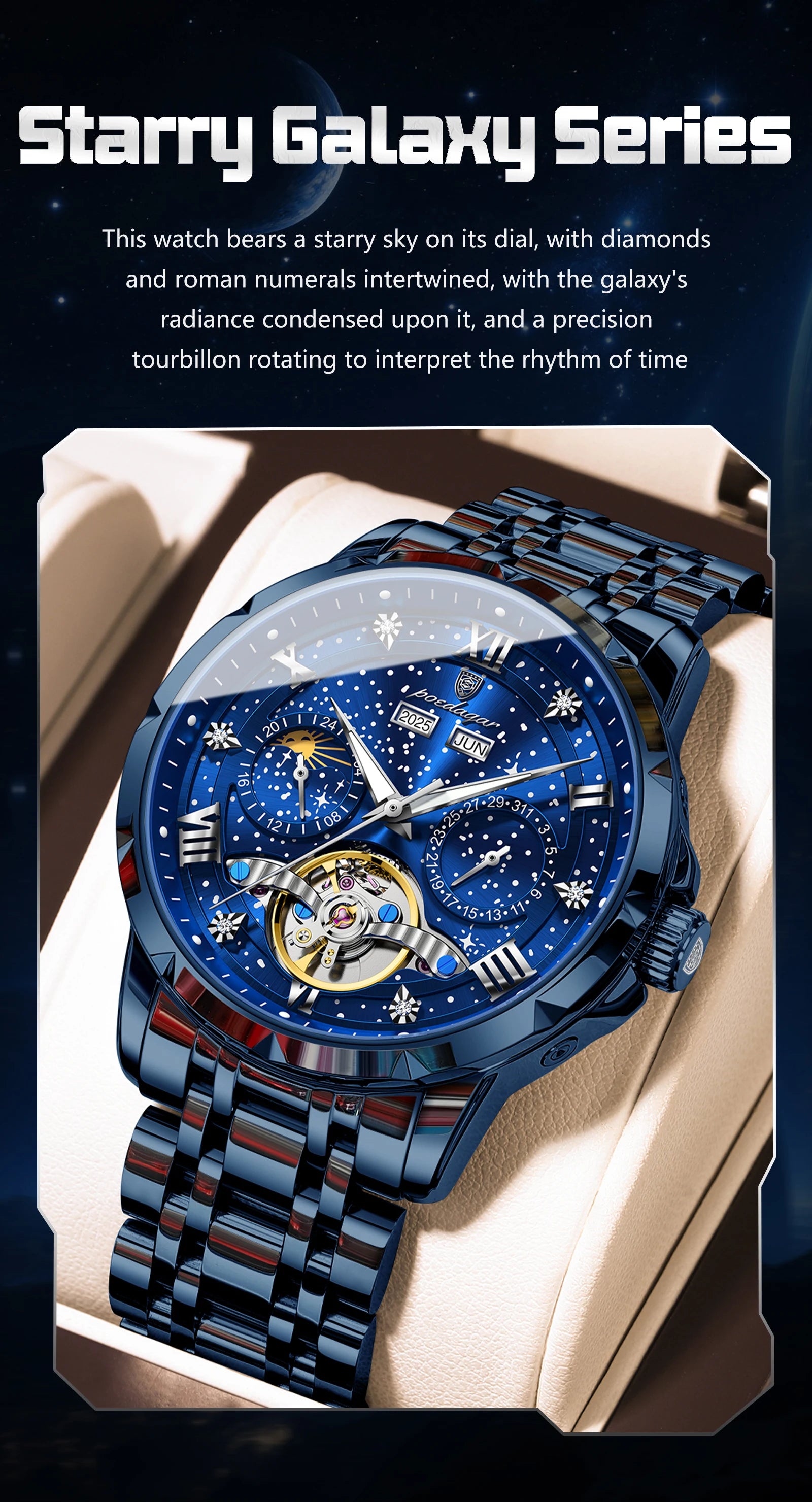 POEDAGAR Luxury Men Wristwatch Fashion Date Hollow Tourbillon Man Clock Automatic Mechanical Stainless Steel Men's Watches Reloj