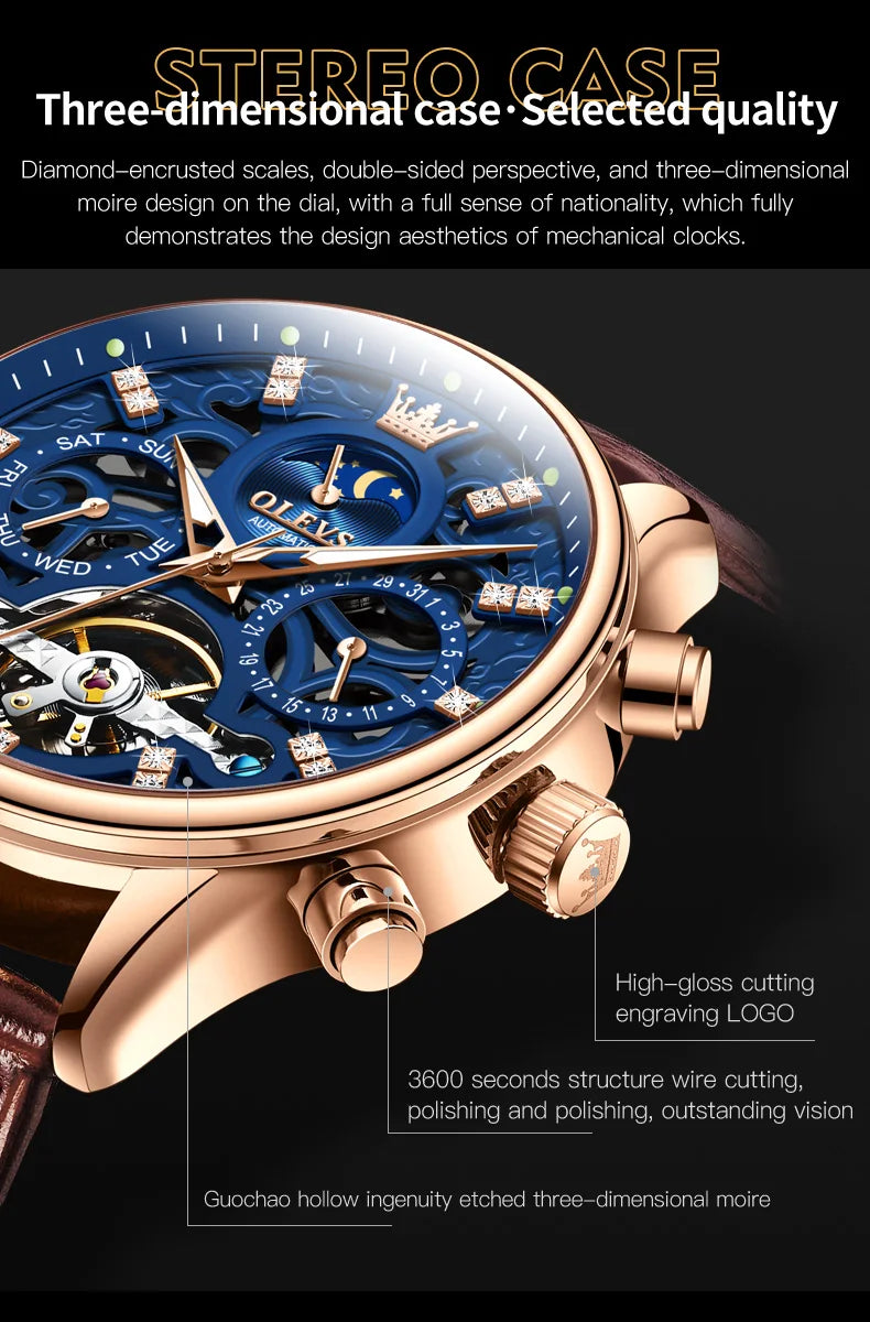 OLEVS 6658 Mens Watch Original Skeleton Multifunctional Chronograph Mechanical Watch Leather Strap Watches For Man Gifts Reloj