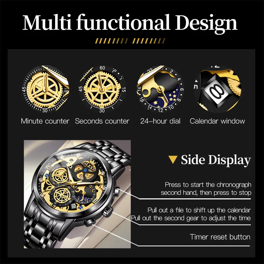 OLEVS Men's Watches Top Brand Luxury Original Waterproof Quartz Watch for Man Gold Skeleton Style 24 Hour Day Night New