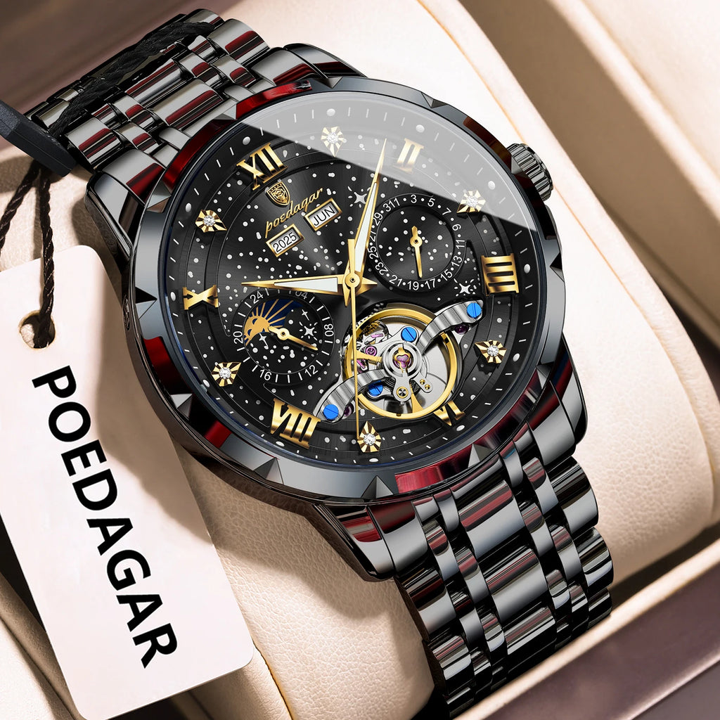 POEDAGAR Luxury Men Wristwatch Fashion Date Hollow Tourbillon Man Clock Automatic Mechanical Stainless Steel Men's Watches Reloj