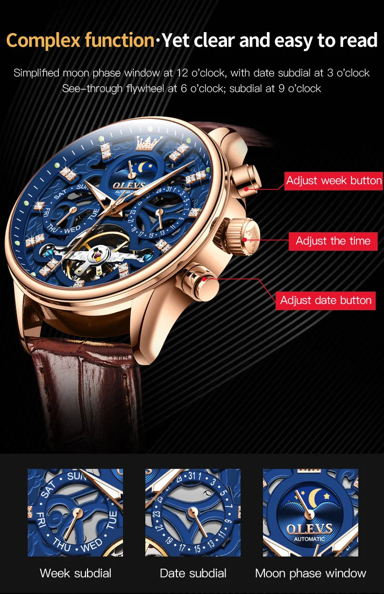 OLEVS 6658 Mens Watch Original Skeleton Multifunctional Chronograph Mechanical Watch Leather Strap Watches For Man Gifts Reloj