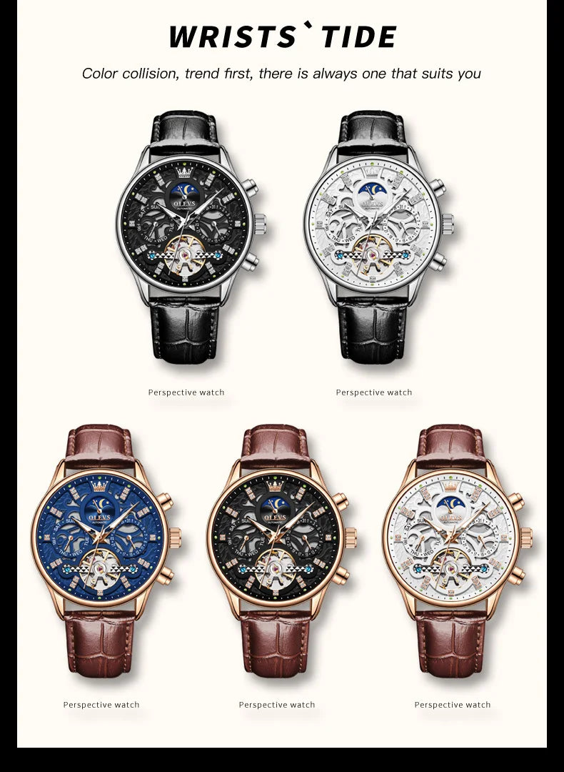 OLEVS 6658 Mens Watch Original Skeleton Multifunctional Chronograph Mechanical Watch Leather Strap Watches For Man Gifts Reloj