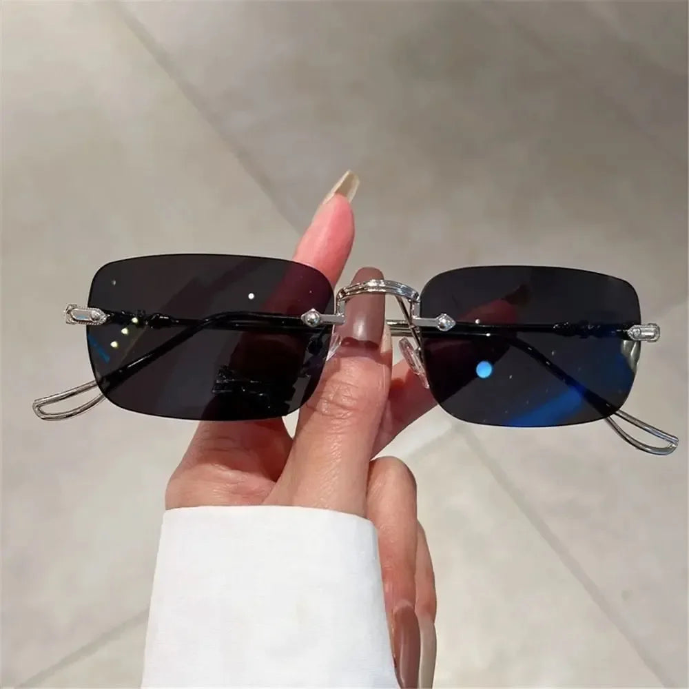 Rimless Rectangle Sunglasses for Men and Women with Vintage Shades