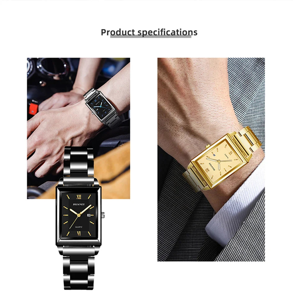 Top Brand Luxury Watches for Men Fashion Quartz Wristwatch Square Gold Stainless Steel Business Clock Relogio Masculino