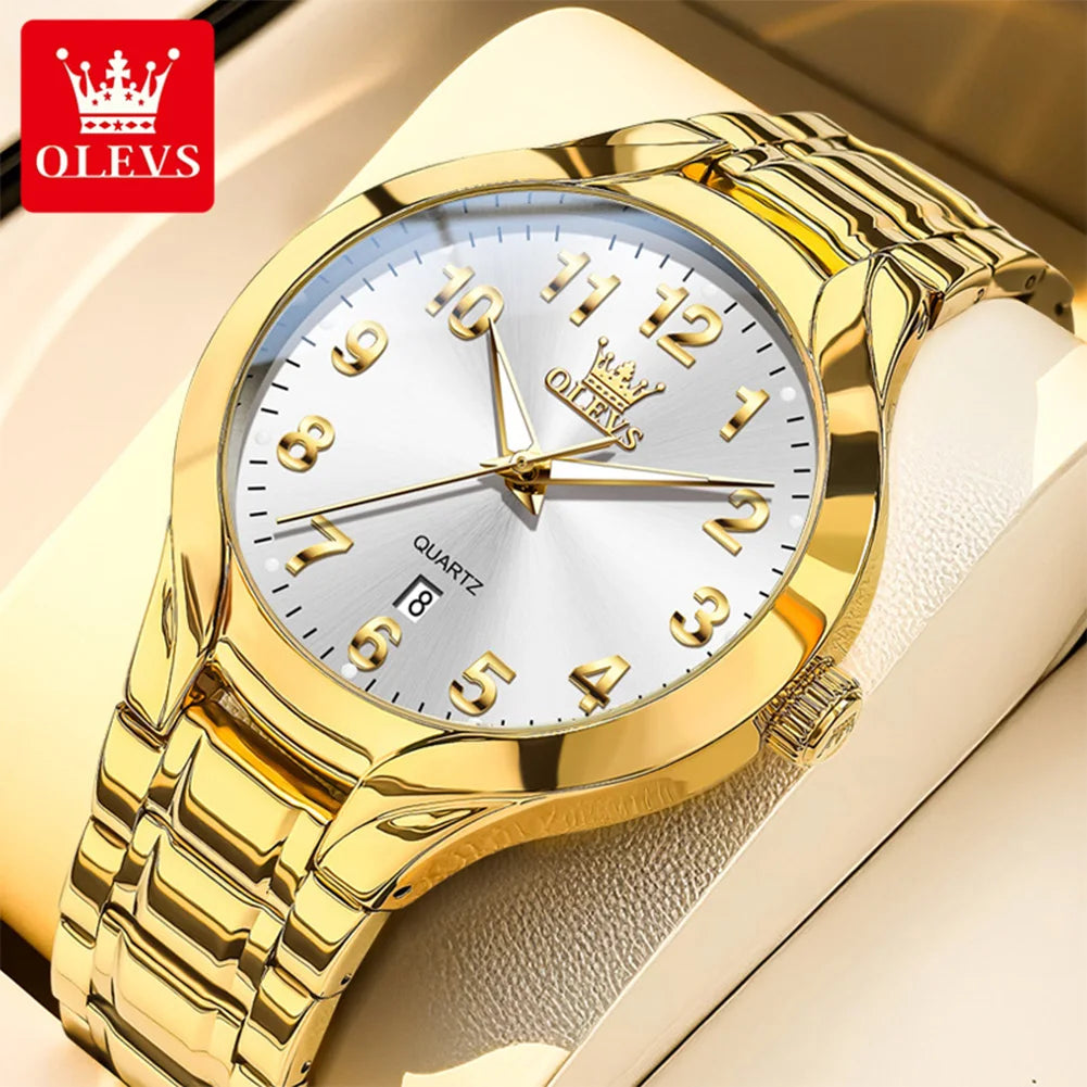 OLEVS 3650 Gold Watches for Men Classic Large Digital Dial Auto Date Waterproof Luminous Original Men's Quartz Wristwatch New