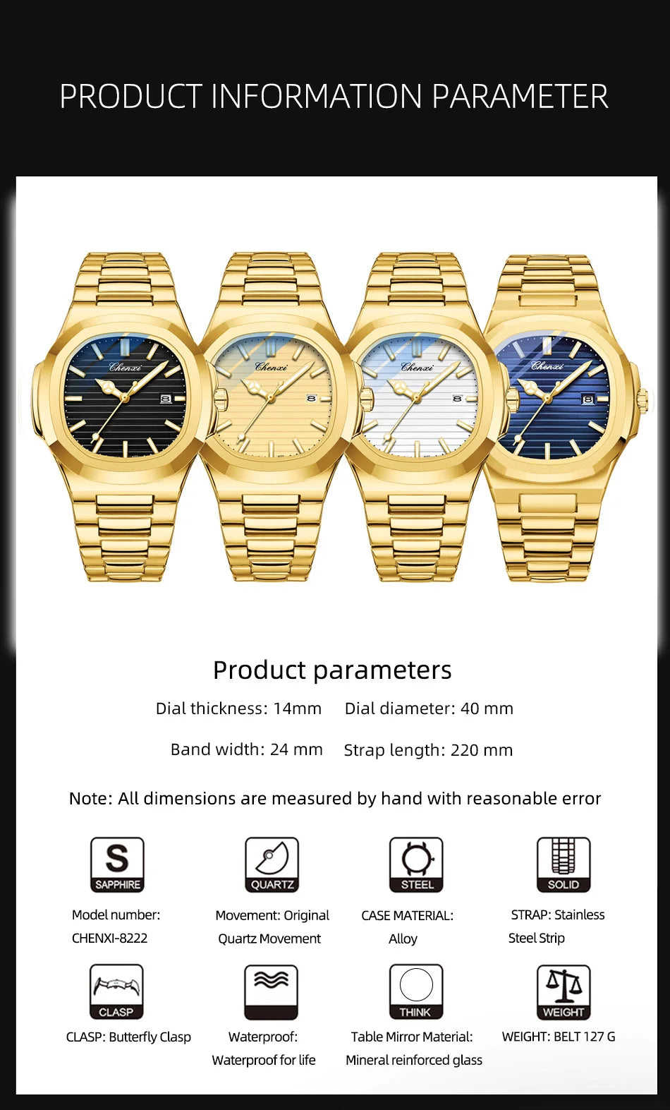 Watches For Men Luxury CHENXI Brand Waterproof Calendar Luminous Watch Man Gold Stainless Steel Quartz Wristwatch Male Clock