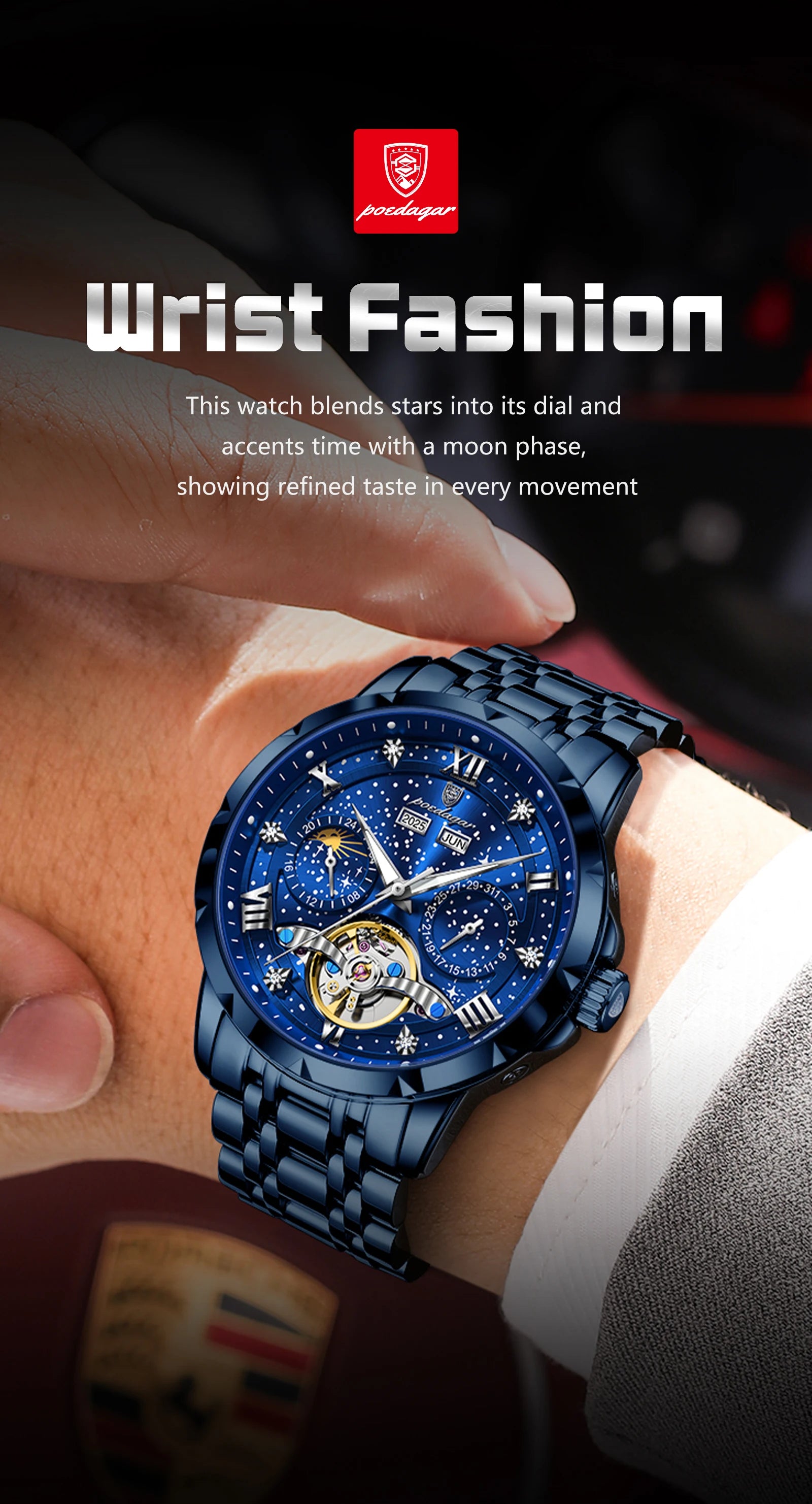 POEDAGAR Luxury Men Wristwatch Fashion Date Hollow Tourbillon Man Clock Automatic Mechanical Stainless Steel Men's Watches Reloj