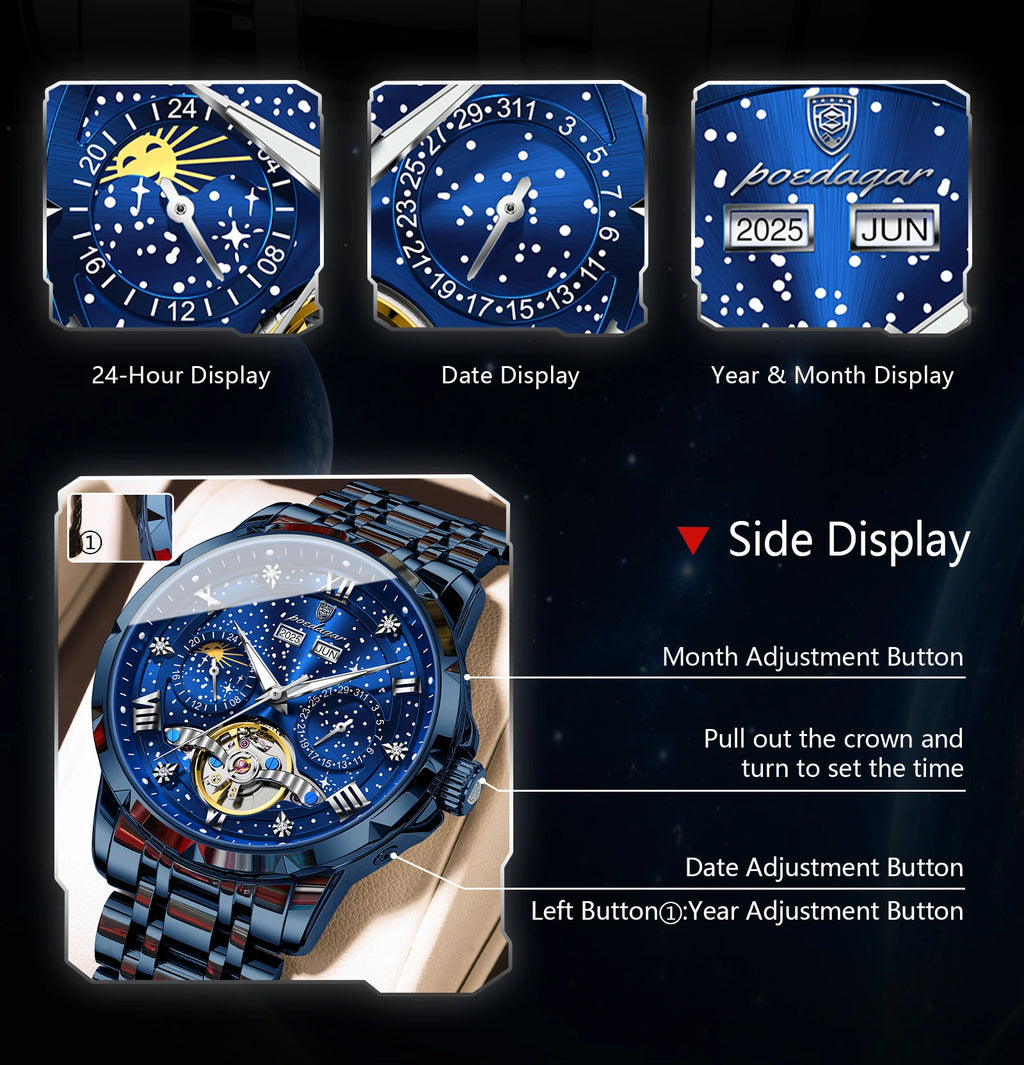 POEDAGAR Luxury Men Wristwatch Fashion Date Hollow Tourbillon Man Clock Automatic Mechanical Stainless Steel Men's Watches Reloj