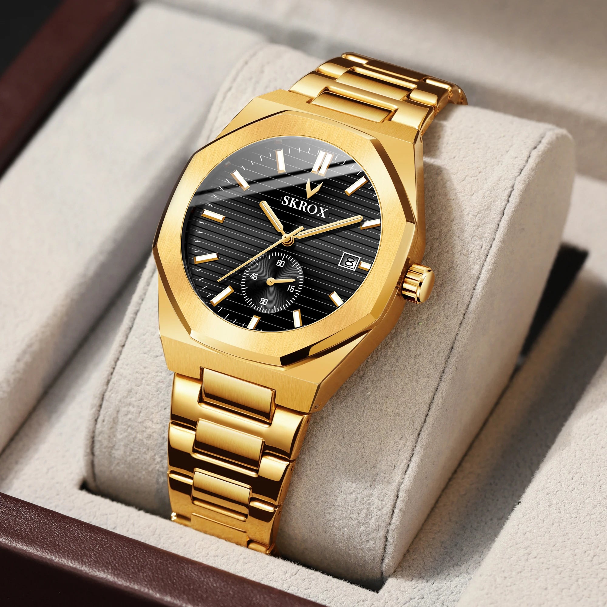 SKROX Official Original Octagonal Date Automatic Watches Top Luxury Man Gold Watch WATERRESISTANT Steel Mechanical Elegant Clock