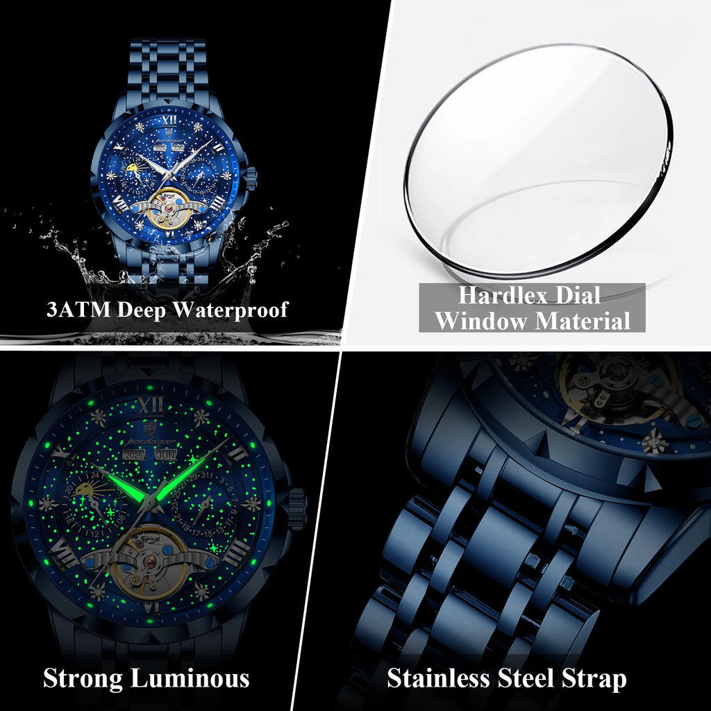 POEDAGAR Luxury Men Wristwatch Fashion Date Hollow Tourbillon Man Clock Automatic Mechanical Stainless Steel Men's Watches Reloj