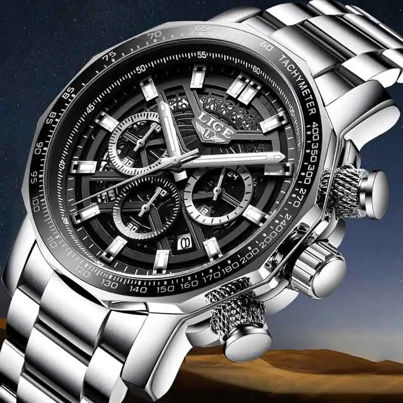 LIGE New Sport Chronograph Mens Watches Top Brand Luxury Full Steel Quartz Clock Waterproof Big Dial Watch Men Montre Homme