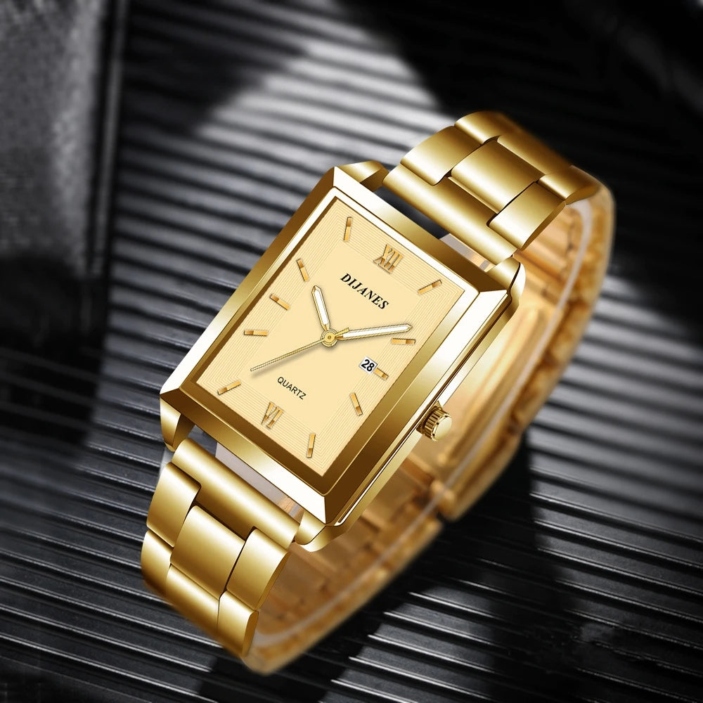 Top Brand Luxury Watches for Men Fashion Quartz Wristwatch Square Gold Stainless Steel Business Clock Relogio Masculino
