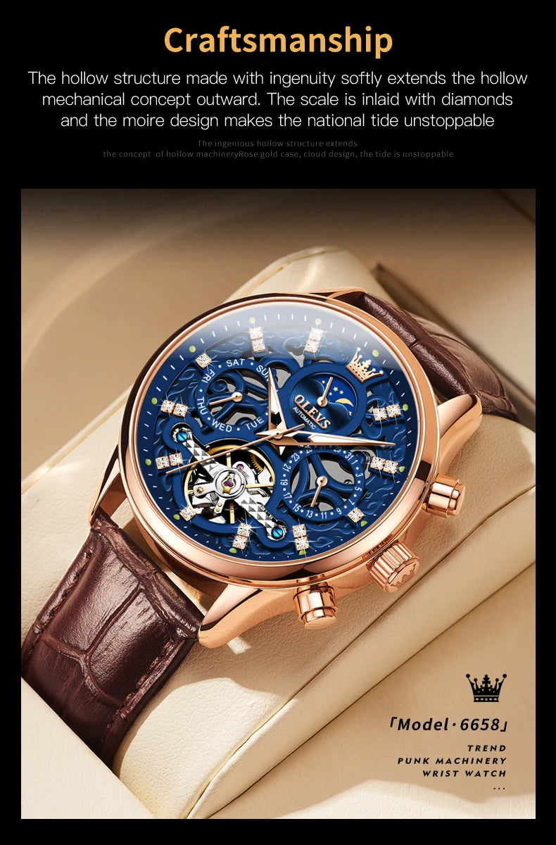 OLEVS 6658 Mens Watch Original Skeleton Multifunctional Chronograph Mechanical Watch Leather Strap Watches For Man Gifts Reloj