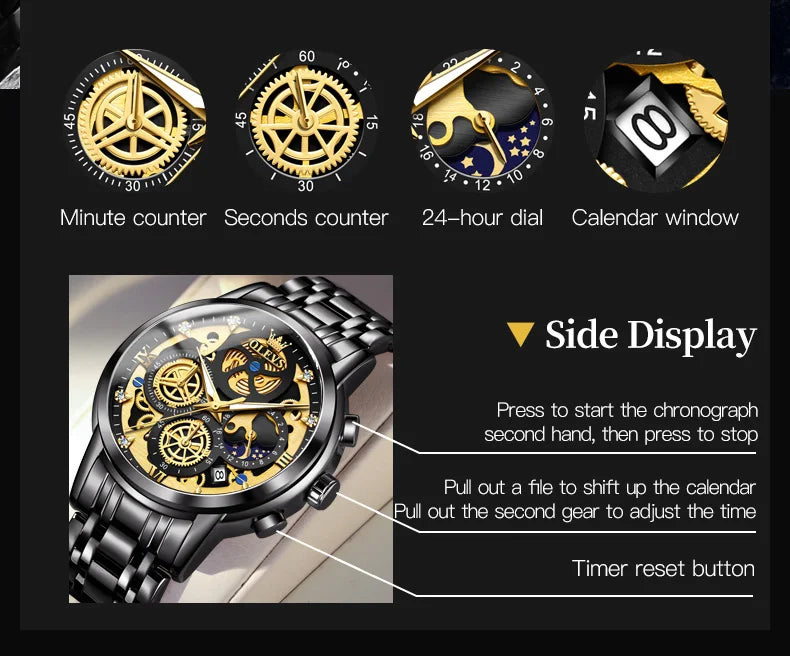 OLEVS Men's Watches Top Brand Luxury Original Waterproof Quartz Watch for Man Gold Skeleton Style 24 Hour Day Night New