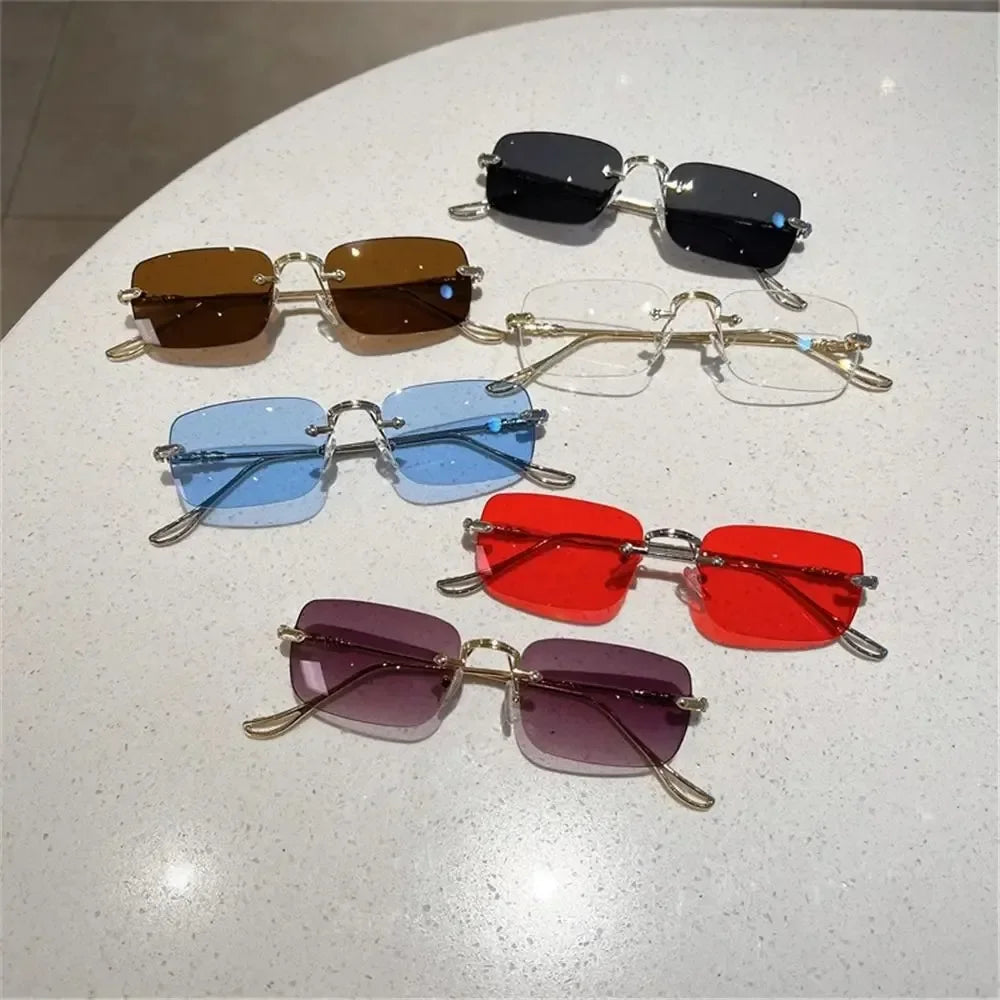 Rimless Rectangle Sunglasses for Men and Women with Vintage Shades