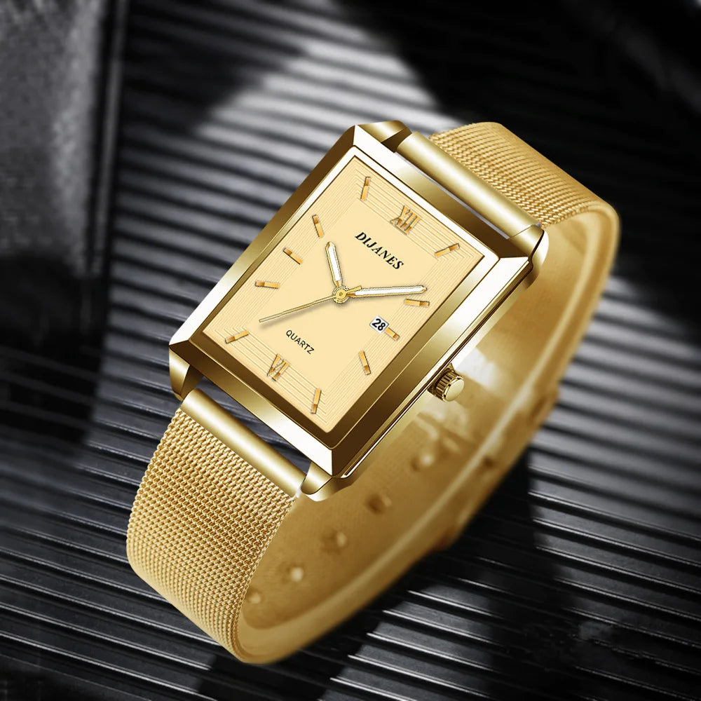Top Brand Luxury Watches for Men Fashion Quartz Wristwatch Square Gold Stainless Steel Business Clock Relogio Masculino