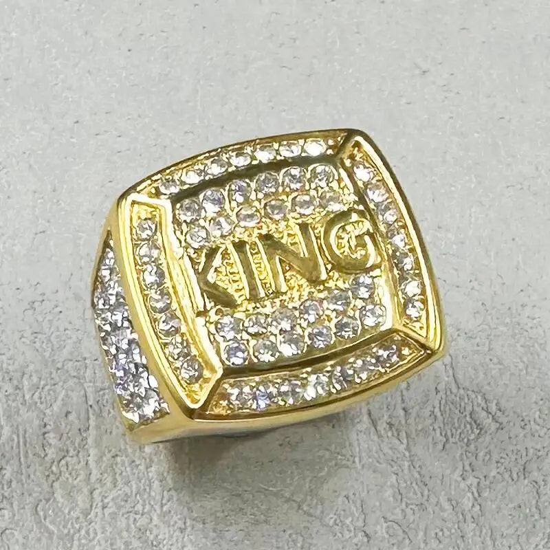 Hip Hop full rhinestone 316L Stainless Steel Gold color King Finger Rings for Men.