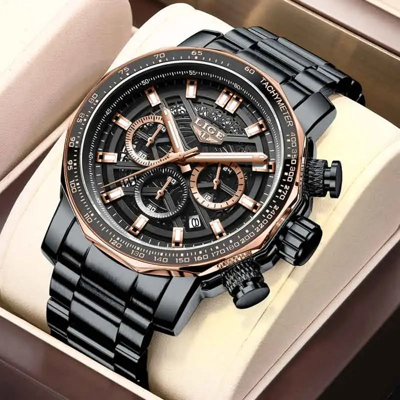 LIGE New Sport Chronograph Mens Watches Top Brand Luxury Full Steel Quartz Clock Waterproof Big Dial Watch Men Montre Homme