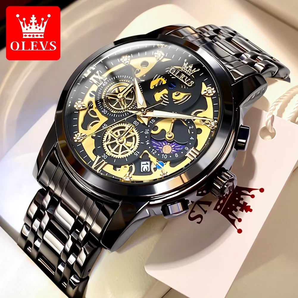 OLEVS Men's Watches Top Brand Luxury Original Waterproof Quartz Watch for Man Gold Skeleton Style 24 Hour Day Night New