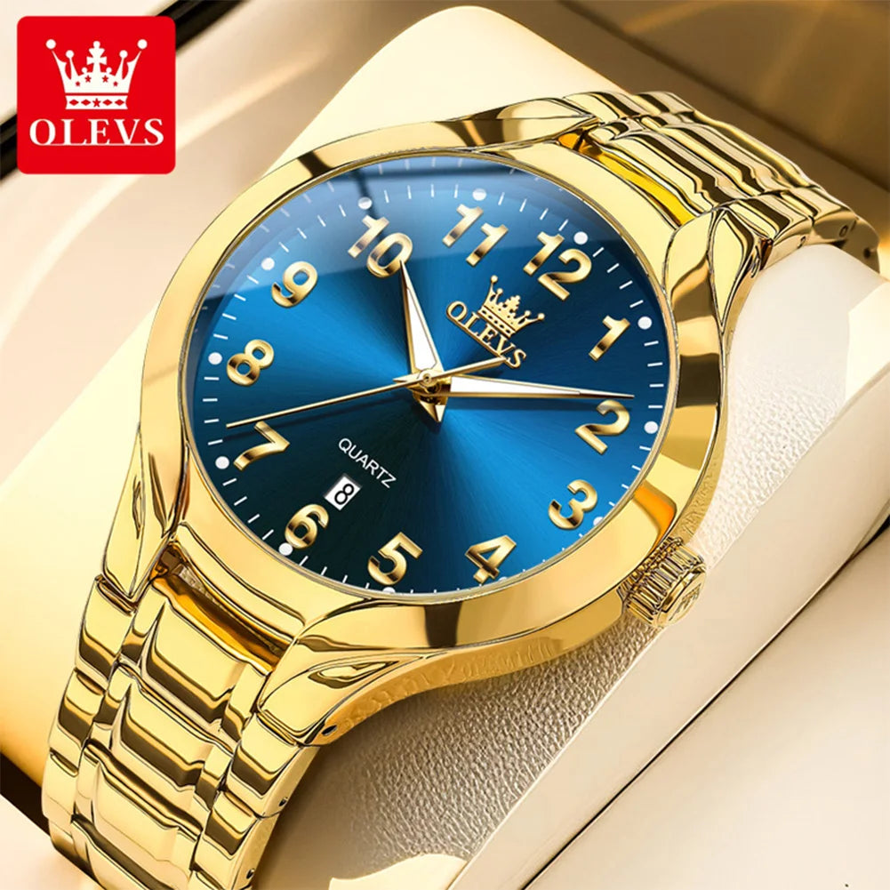 OLEVS 3650 Gold Watches for Men Classic Large Digital Dial Auto Date Waterproof Luminous Original Men's Quartz Wristwatch New